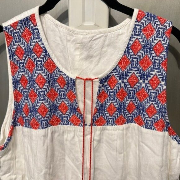 Boho Red, White & Blue Embroidery Sleeveless Linen Peasant Shift Mini dress - Picture 15 of 16